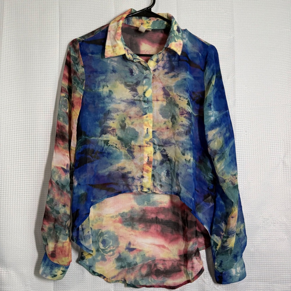 Forever 21 Exclusive Blouse Sheer Watercolor Floral High Low Hem Boho Top M